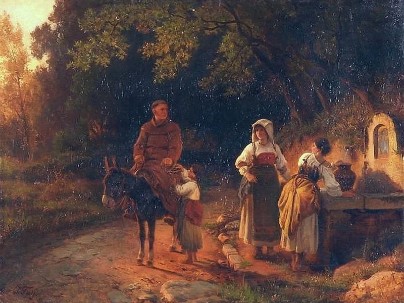 1812-Joseph Fay - Contadine romane al pozzo, con un frate cappuccino sul suo asino